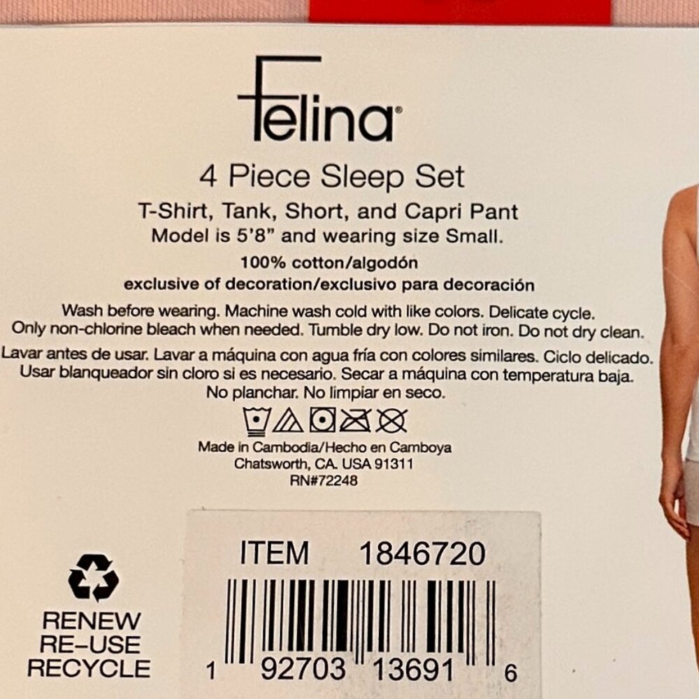 Felina Women's 4 Piece 100% Cotton Sleep Pajama Set, Tee Tank Short Capri Pant - Picture 7 of 9